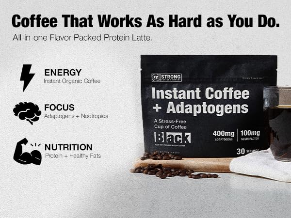 Strong Coffee Co. Instant Black Coffee | Premium Organic Coffee with Nootropics &amp Adaptogens NeuroFactor® L-Theanine Ashwagandha Reishi &amp MCT Oil | No Jitters No Crash (1 30 Servings)