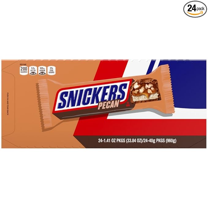 SNICKERS Pecan Milk Chocolate Candy Bar - Full Size Bars Bulk Box Individually Wrapped 24-Pack 33.8 oz