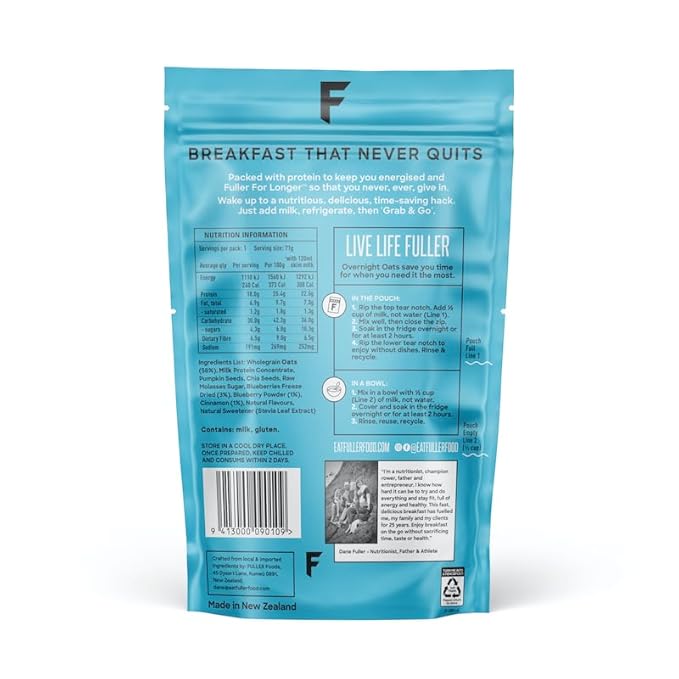 Delicious Blueberry Vanilla High Protein Overnight Oats - Nutritionist Designed FULLER For Longer With Low Sugar High Fiber &amp Premium Slow Release Casein - Ziplock Portable - Glyphosate Free Oatm