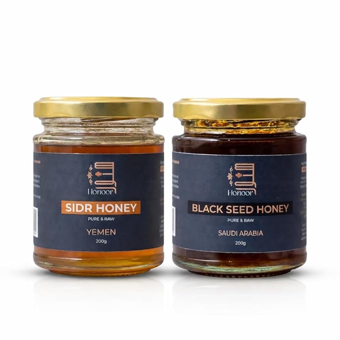 Honoor Premium Honey Bundle – Black Seed Honey 200g + Yemeni Sidr Honey 200g | Raw Unpasteurized Natural Unfiltered Luxury Honey Gift Set