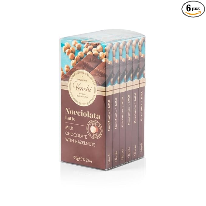 Venchi - Bundle of 6 Milk Chocolate and Hazelnut Bars 21.16 oz - 3.52oz each bar - Gluten Free - Family Pack