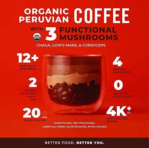 Laird Superfood Peruvian Medium Roast Coffee with Functional Mushrooms Certified Organic Peruvian Ground Coffee Beans Gluten-Free Dairy-Free Non-GMO Paleo Keto Friendly 12 oz. Bag Pack of 6