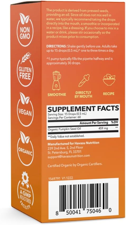 Pumpkin Seed Oil - USDA Organic - Cold Pressed for Hair Prostate and Hormone Support - 2 Month Supply - Liquid Drops for Men and Women - Vegan Non-GMO and Gluten Free - Unflavored 1 Fl Oz