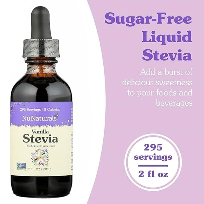 NuNaturals Liquid Vanilla Stevia Sugar-Free Sweetener Plant-Based Sugar Substitute Zero Calorie 2oz (2-Pack)