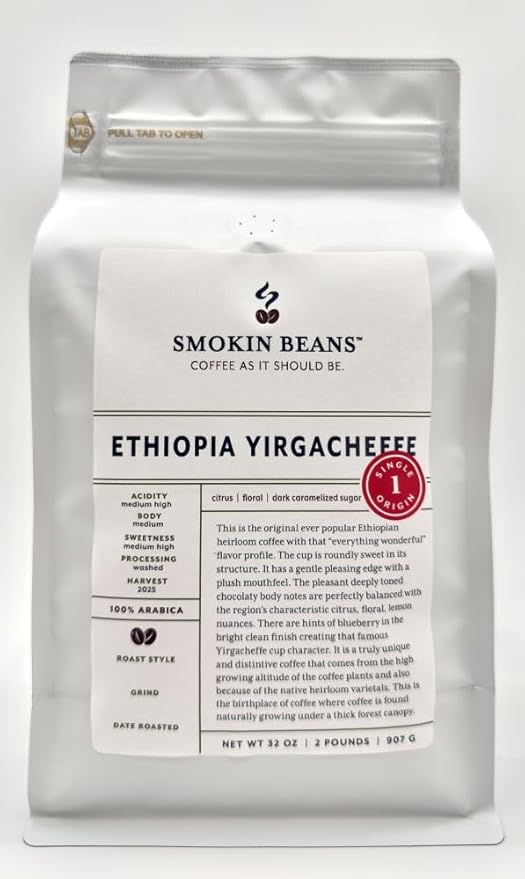 Smokin Beans 2-Pound Africa Ethiopia Yirgacheffe Coffee Washed Processing Medium Roast Premium Whole Bean Specialty Coffee
