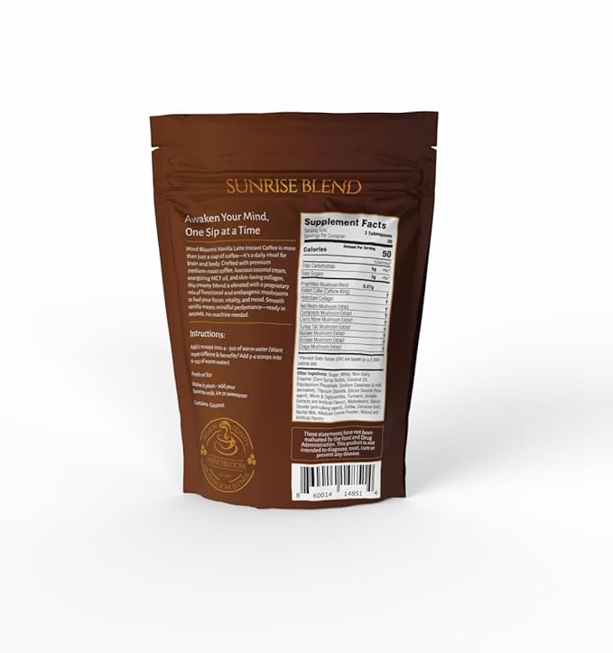Sunrise Vanilla Latte Instant Coffee - Proprietary Mushroom Blend