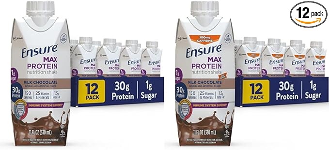 Ensure Max Protein Nutrition Shake with 30g of Protein &amp Max High Protein Nutrition Shake Milk with 30g of Protein 1g of Sugar Chocolate w/Caffeine 11 Fl Oz (Pack of 12)
