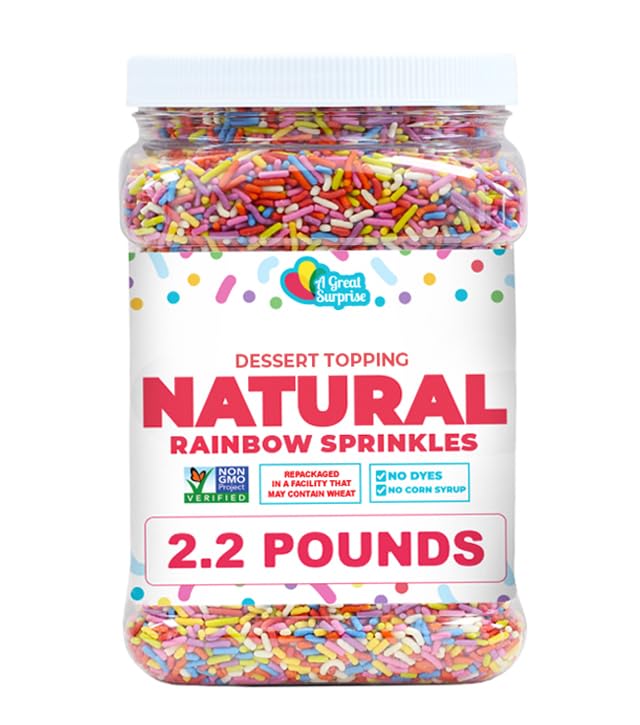 A Great Surprise Dye-Free Rainbow Sprinkles – 2.2 LB - Easter Natural Vegan Baking Toppings with No Artificial Dyes or Flavors – Non-GMO Jimmies for Cookies Cakes Ice Cream &amp Cupcakes