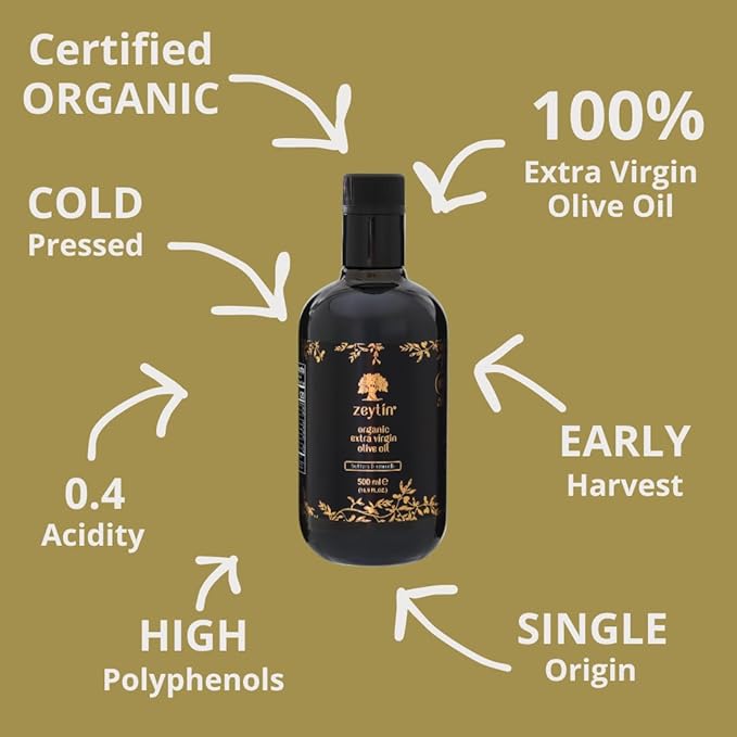 Zeytin Organic Olive Oil Extra Virgin - GOLD MEDAL &amp Early Harvest - Fresh 2024 Harvest Bottled in Jan 2025 - New Luxury Packaging - Keto &amp Cold Pressed - Buttery &amp Smooth (16.9fl oz - 1