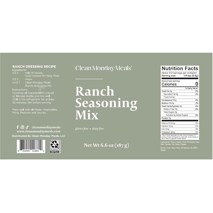 Clean Monday Meals Ranch Seasoning Mix | Gluten Free Dairy Free No Artificial Additives | All-Purpose Ranch Powder for Dips Dressings Veggies &amp Meal Prep | 2-Pack 11 oz