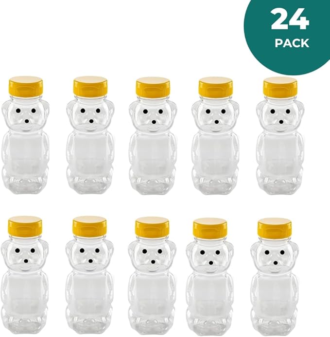 24 Pack of 12 Ounce Clear Honey Bears with Sealable Yellow Flip Top Lids (12 oz. Clear Bear 24pk Yellow)