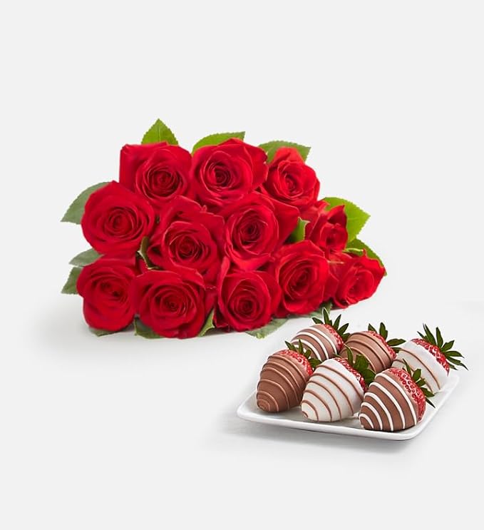 Shari’s Berries 24 Classic Red Roses &amp 6 Chocolate Covered Strawberries Gift Set | Chocolate &amp Fresh Flower Gift Box | Valentine's Day Anniversary Celebrations &amp Thank You’s