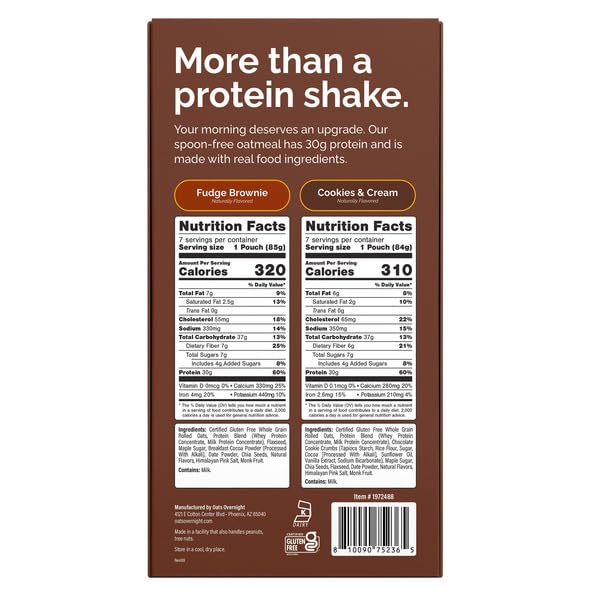 Oat Overnight High Protein Oatmeal Variety Pack (14-Pack) - 30g Protein Shake - Gluten Free Breakfast On-The-Go - Includes Cookies &amp Cream and Fudge Brownie