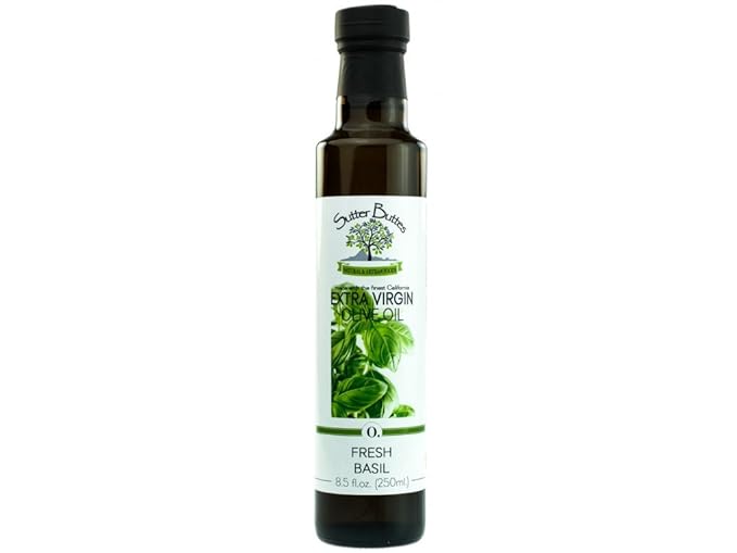 Sutter Buttes Extra Virgin Olive Oil – Fresh Basil Infused (250 ml bottle) Handcrafted Artisan Gourmet EVOO Cold Pressed and Flavored with Premium Fresh Basil Herbs Unfiltered Unrefined Olive Oil