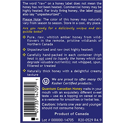 Quantum Nutrition Labs Canadian Honey - Raw Honey Pure Honey Raw Unpasteurized Honey Unfiltered 100% Pure Sugar-Free Unprocessed Wildflower Honey - 1 lb Jar