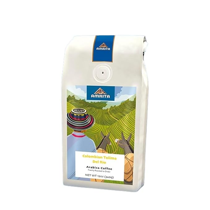 Colombia Tolima Del Rio - Dark - Roasted by Amrita Certified Pure - Whole Bean Coffee - 12 Ounce Bag