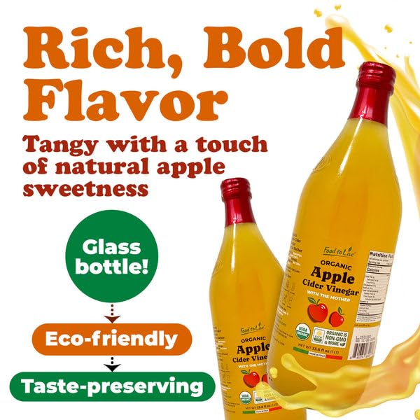 Food To Live Organic Apple Cider Vinegar 1 L – Raw Italian Natural Vinegar with the Mother Unfiltered Unpasteurized Non-GMO Vegan Glass Bottle (Pack of 12)