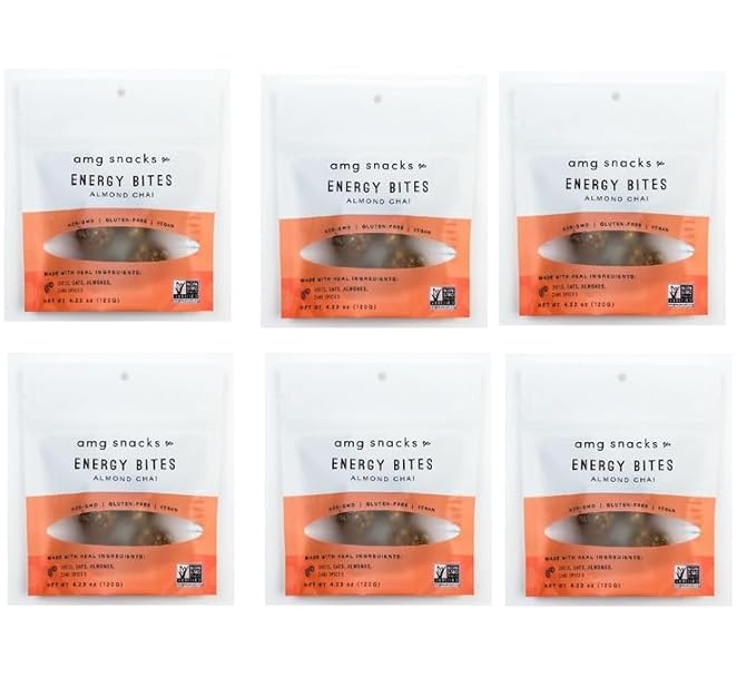AMG Snacks Almond Chai Energy Bites | 4.3 oz Pack of 6 (72 Bites Total) | Date and Nut Energy Snacks Protein Bars | Non GMO Gluten Free Vegan Protein Bites | Made with All Natural Ingredients