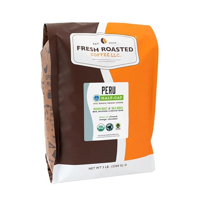 Fresh Roasted Coffee Organic Peru Water-Processed Half-Caf | Mold &amp Myco 3rd Party Tested USDA Organic Kosher | Med Roast 5 lb (80 oz) Whole Bean