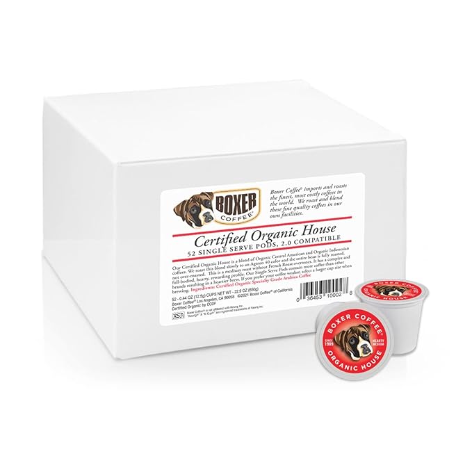 Boxer Coffee 52ct Organic House Blend – Certified Organic Medium Roast Coffee Pods – Specialty Grade Artisan Single-Serve Cups – Compatible with Keurig K-Cup Brewers