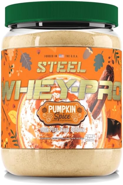 Steel Supplements Whey-Pro | 100% Pure Whey Protein Powder for Men and Women | Pumpkin Spice | Muscle Gain &amp Lean Muscle Recovery | Gluten Free | 1.65 lbs | BCAA 5g | Non-GMO | 25 Servings