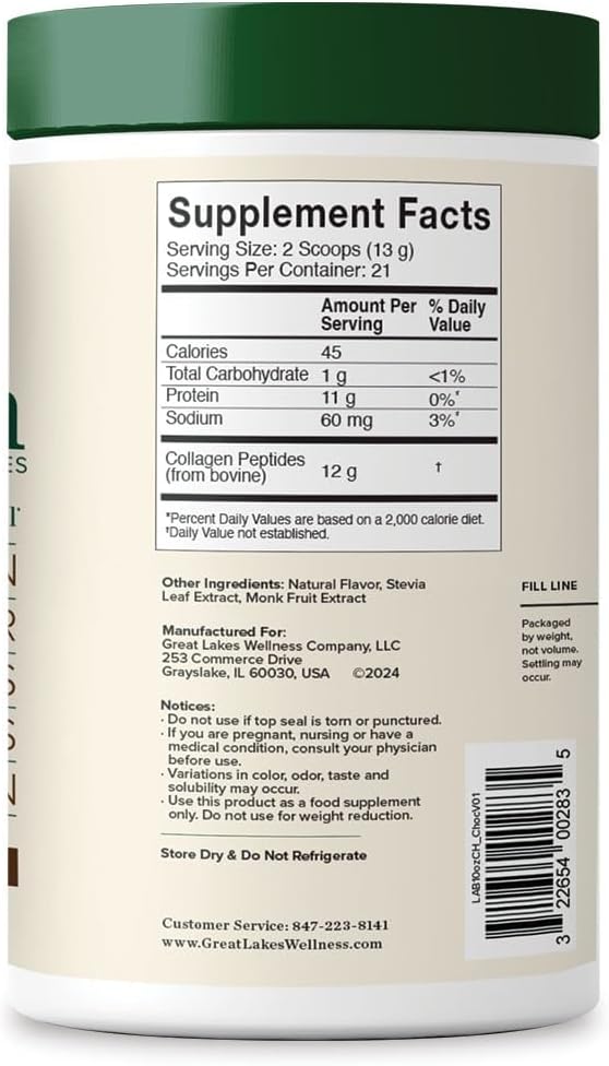 Great Lakes Wellness Collagen Peptides Powder for Skin Hair Nails Joints &amp Digestion - Chocolate Flavored - Quick Dissolve Hydrolyzed Non-GMO Kosher - 10 oz