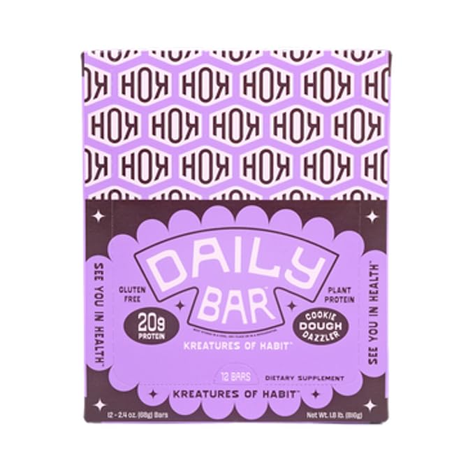 Kreatures of Habit DAILY BAR | Chocolate Chip Cookie Dough Dazzler (Pack of 12) – 20g Plant-Based Protein Bar | 3g of Creatine Monohydrate Per Bar Gluten-Free Vegan Non-GMO