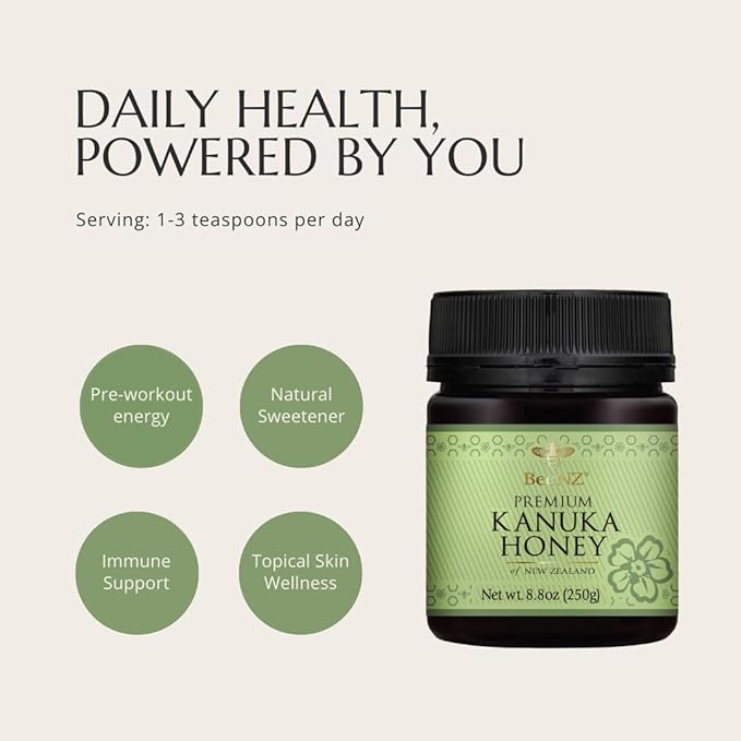 BeeNZ Raw Kānuka Honey – Pure New Zealand Monofloral Kānuka Honey Natural Sweetener &amp Superfood for Wellness Skin Care and Gourmet Food Pairing - No Sugar Added Pantry Staple Hive-to-Jar Trac
