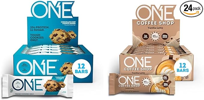 ONE Protein Bars Chocolate Chip Cookie Dough &amp Vanilla Latte Coffee Shop Bars with 20g Protein Gluten Free (12 + 12 Count)