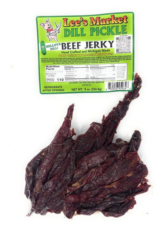 Lee's Market Dill Pickle Beef Jerky - Soft &amp Tender - Healthy Low Carb Gluten-Free Snack - Paleo &amp Keto-Friendly - Michigan Made Handcrafted Jerky - Specialty Gourmet Meat Snacks - 8oz