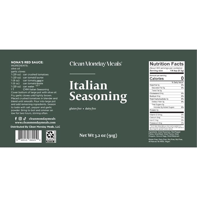 Clean Monday Meals Italian Seasoning Mix | Gluten Free Dairy Free Non-GMO | Herb Blend for Pasta Sauces Roasts &amp Meal Prep | Aromatic Clean Label Spice Mix | 12 oz