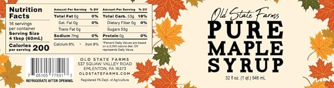 Old State Farms 32oz Pure Maple Syrup - Grade A Dark Robust - Sustainable Harvest - Organically Produced - All Natural