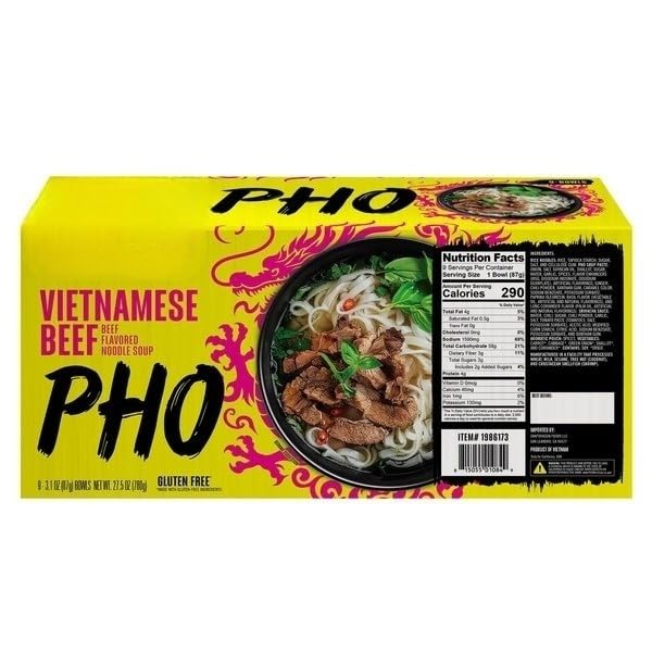 Foods Vietnamese Pho Bowls Beef  Experience the authentic flavors of Vietnamese cuisine with this convenient pho soup package containing 9 individual bowls. Each serving features tender rice noodles