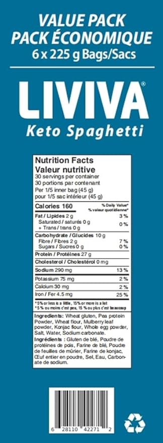 LIVIVA Low Carb High Protein KETO Value Pack Spaghetti Noodle Pasta 6 Pk – 135 g Protein per Box with Pea Protein &amp Konjac Flour - 8g Net Carbs Diabetic-Friendly - Healthy Al Dente Pasta (6 Pack