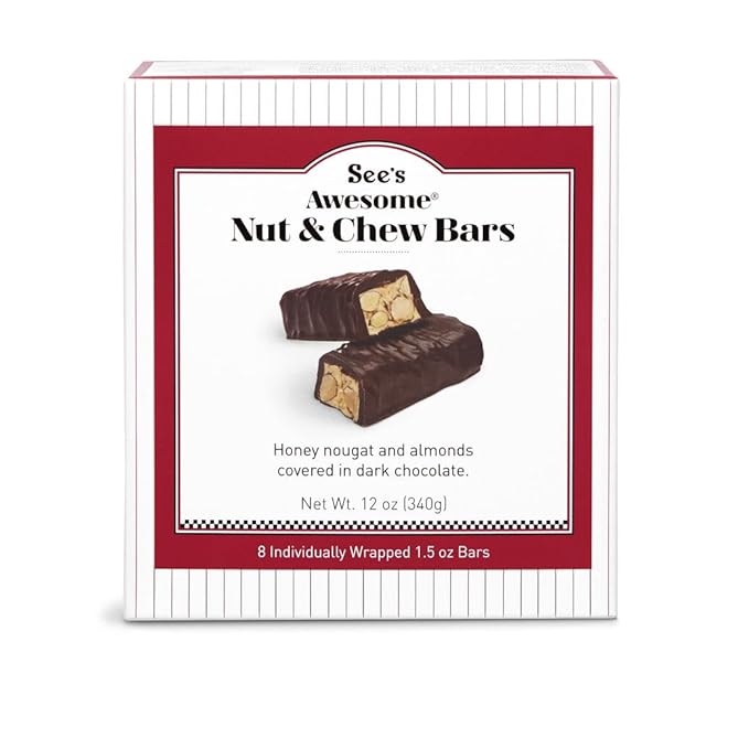See's Candies Awesome Peanut Brittle Bars - Gourmet Almond and Honey Nougat 8 Individually Wrapped Bars 9.3 oz