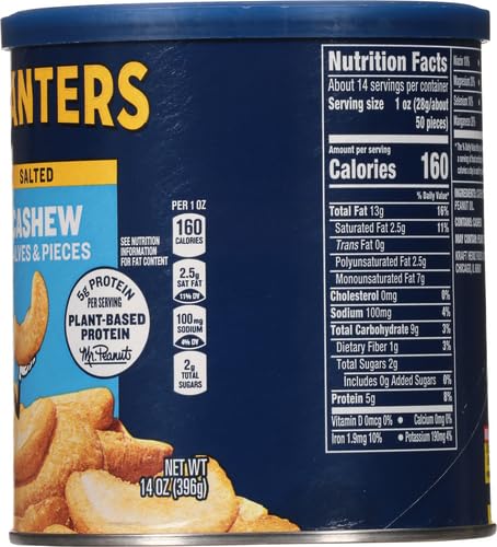 PLANTERS Salted Cashew Halves &amp Pieces Party Snacks Plant-Based Protein 14 Oz Canister (Pack of 2)