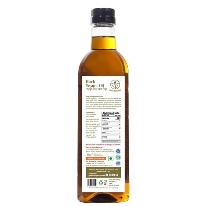 Shiva Organic Cold-Pressed Black Sesame Oil - 100% Natural Certified Organic - 1L (33.8 fl oz) for Cooking Dressings and Health