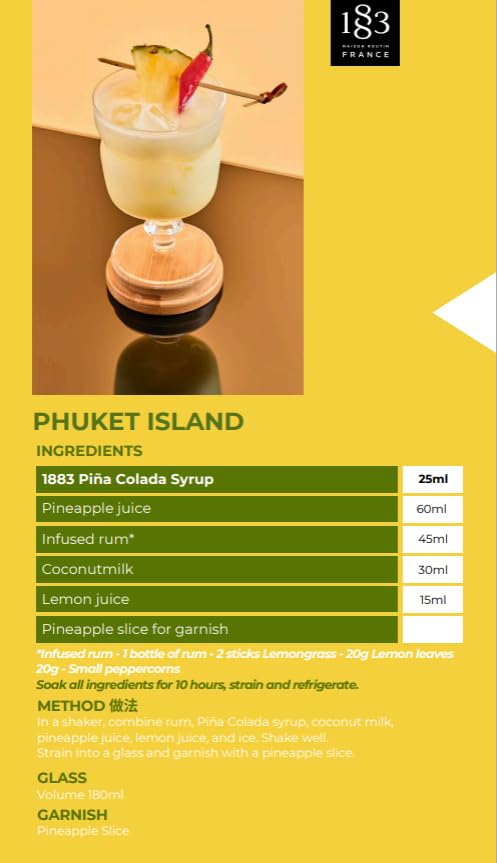 1883 Piña Colada Syrup for Drinks Made in France 1 Liter Glass Bottle