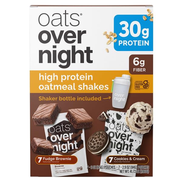 Oat Overnight High Protein Oatmeal Variety Pack (14-Pack) - 30g Protein Shake - Gluten Free Breakfast On-The-Go - Includes Cookies &amp Cream and Fudge Brownie