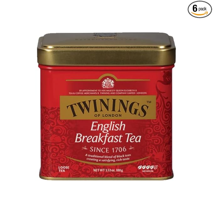 Twinings English Breakfast Loose Tea Tins 3.53 Ounce Tins (Pack of 6) Smooth Flavourful Robust Black Tea Leaves Caffeinated Enjoy Hot or Iced