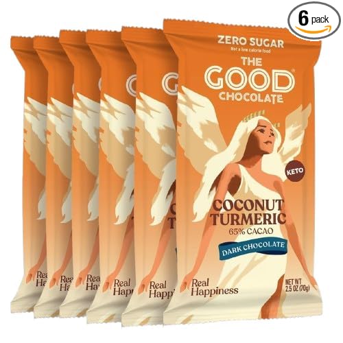 THE GOOD CHOCOLATE – Coconut Turmeric Dark Chocolate Bars with Zero Sugar &amp Lower Net Carbs – Keto Chocolate Bar with Lower Calories All Natural and Non-GMO Keto Snacks 2.5 oz (6 Bars Value Pack