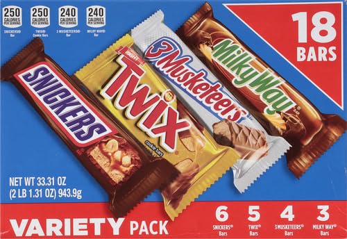SNICKERS TWIX MILKY WAY &amp 3 MUSKETEERS Individually Wrapped Variety Pack Full Size Milk Chocolate Candy Bars Bulk Assortment 33.31 oz 18 Bars (Pack of 2)