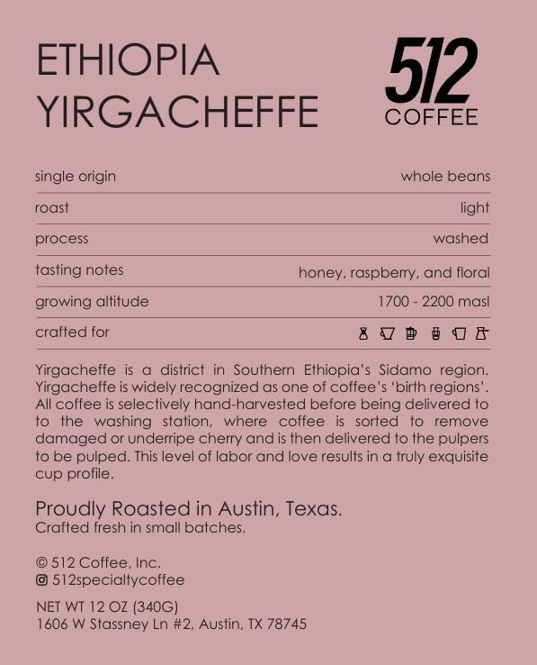 512 Coffee Ethiopia Yirgacheffe Light Roast Whole Bean – Single Origin Specialty Coffee with Tasting Notes of Raspberry Honey &amp Floral – Fresh Roasted for Filter Brewing