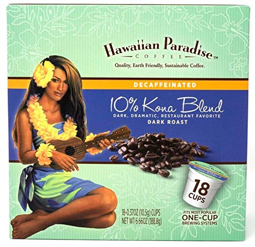 Hawaiian Paradise Coffee 10% Kona Dark Roast Decaffeinated -18 Count Single Serve Cups - Dark &amp Bold Flavor - Decaf - Compatible with Keurig K-Cup Brewers