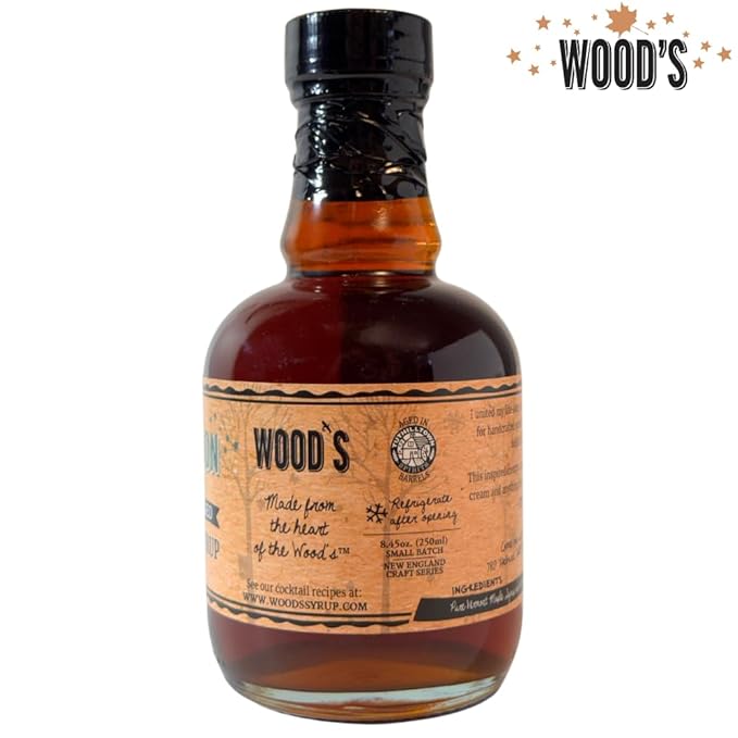 WOOD'S Vermont Bourbon Barrel Aged Maple Syrup – Premium Maple Syrup with Rich Flavor &amp Subtle Bourbon Notes – Ideal for Pancakes Desserts and Cocktails – 8.45 oz