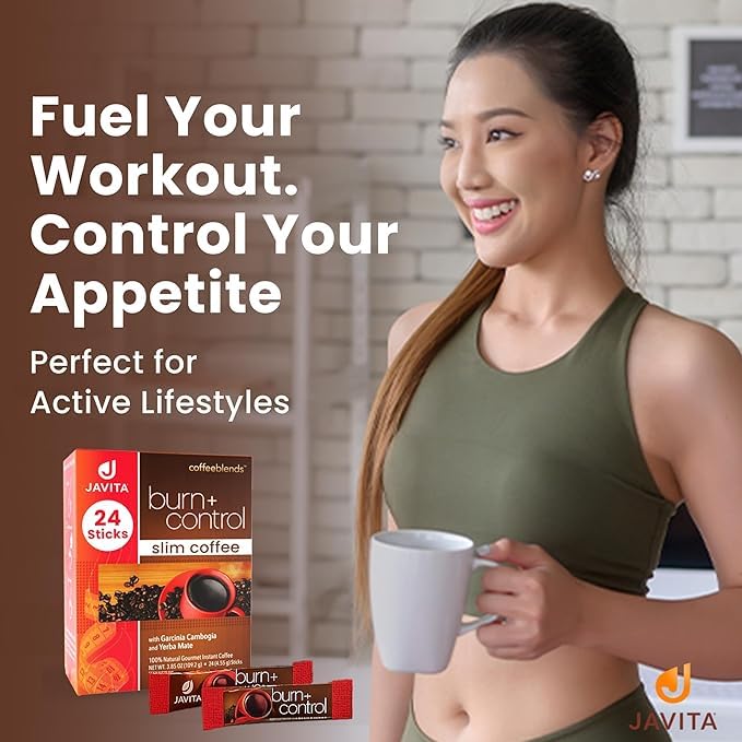 Burn + Control Instant Coffee – Smooth Arabica Blend with Garcinia &amp Yerba Mate – Supports Metabolism &amp Daily Energy – Convenient Slim-Style Coffee Mix (4 box/96 serv.)