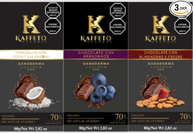 Kaffeto 70% Cacao Dark Chocolate with Reishi. 3 Bars Variety