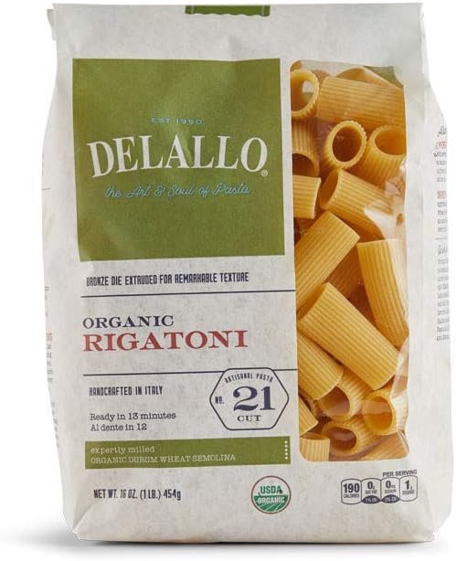 DeLallo Organic Rigatoni Pasta Made with 100% Semolina Durum Wheat Flour Bronze Cut Made in Italy Non-GMO Preservative Free Large Tube Pasta for Baked Dishes 1 Pound Bag (16 Pack)