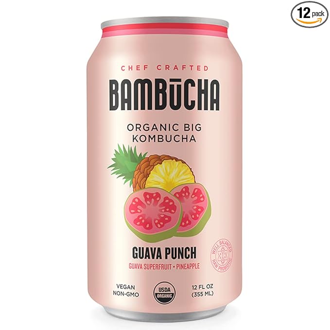 Bambucha Kombucha Guava Punch 12 Pack Case | Chef Crafted Flavor 100% Raw Kombucha Tea Drink | Organic Vegan Gluten Free Non GMO Probiotic (12 Fl Oz Cans)