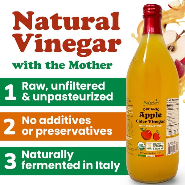 Food To Live Organic Apple Cider Vinegar 1 L – Raw Italian Natural Vinegar with the Mother Unfiltered Unpasteurized Non-GMO Vegan Glass Bottle (Pack of 12)